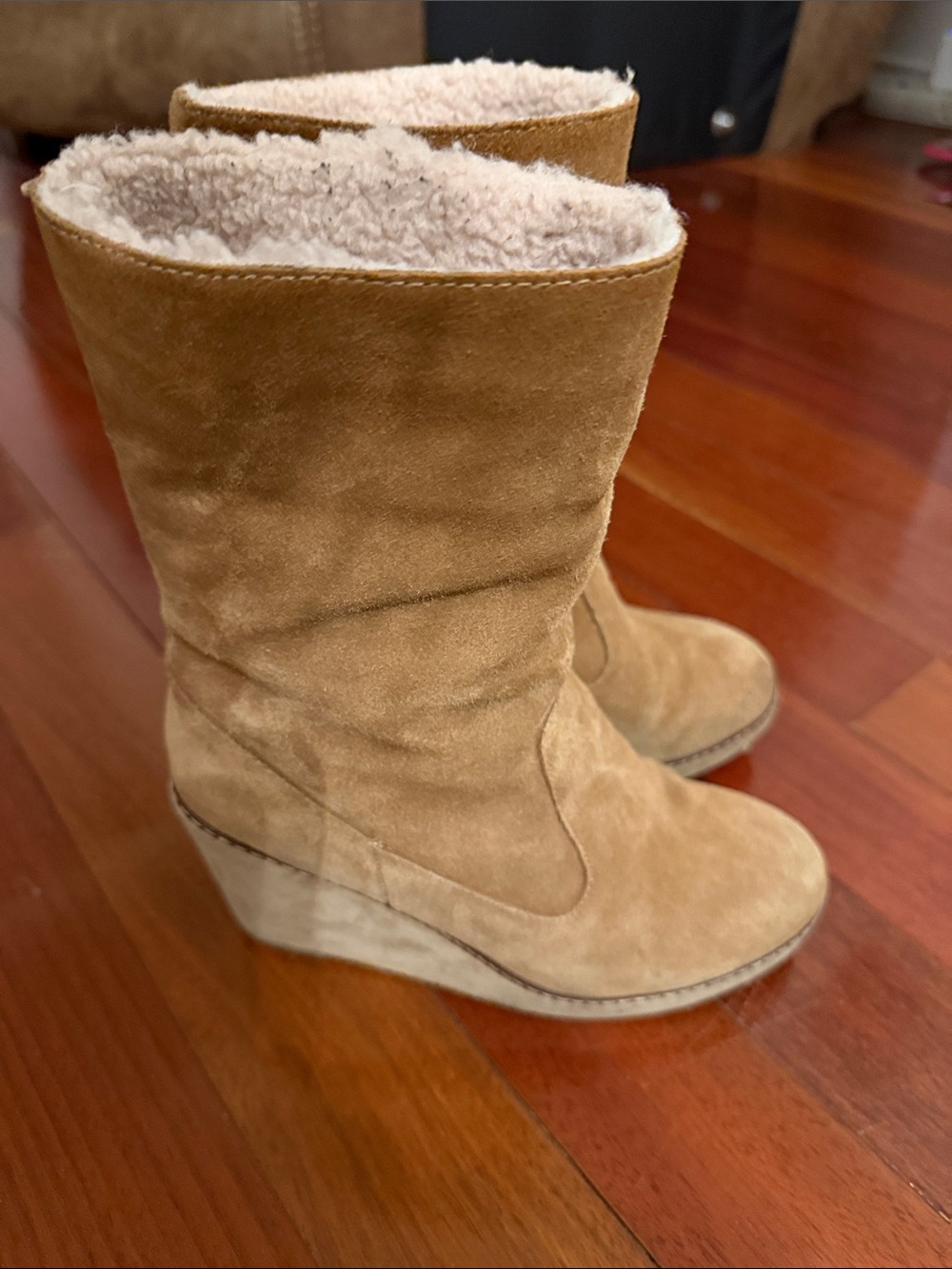 Kensie Tan Suede Wedge Boots with Shearling Lining